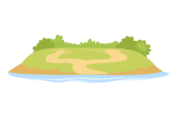 Cartoon Green Island or Lake or River Shore: A Versatile Design Element for Nature-Themed Projects
