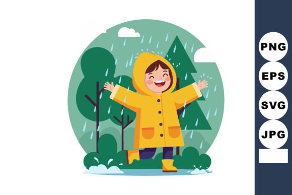 Child Enjoying Rainy Weather in Yellow Raincoat: A Vibrant Visual for Creative Projects
