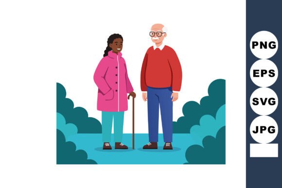 Elderly Couple Standing Outdoors Illustration