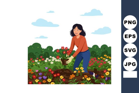 Embracing Serenity: The Joy of Woman Gardening Planting Flowers Outdoor