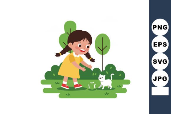 Girl Playing with White Cat in Green Park: A Versatile Illustration for Diverse Creative Uses