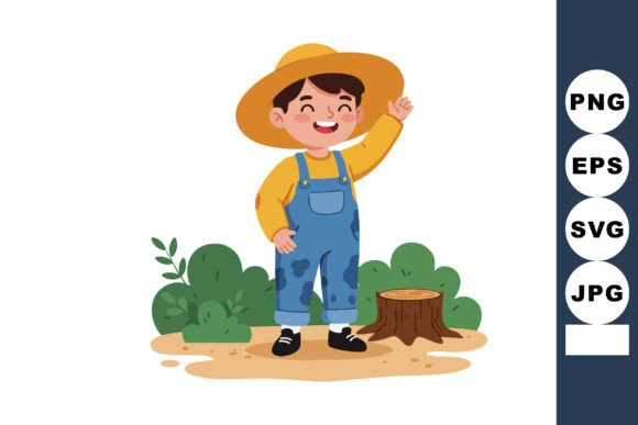 Happy Child Standing Near Tree Stump in Bright Outdoor Scene