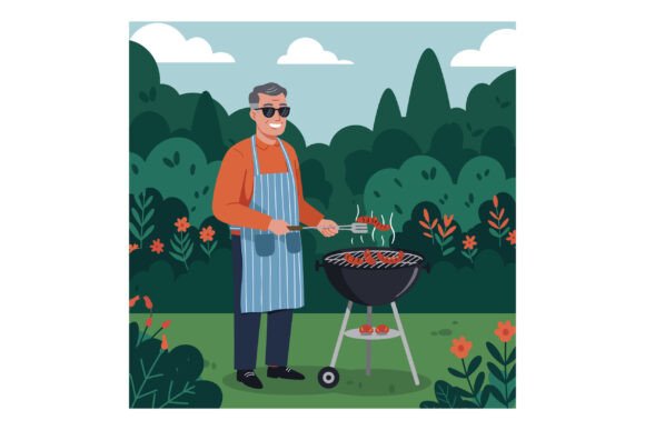Man Grilling Sausages Outdoors in Green
