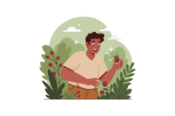 Man Picking Fresh Raspberries in Garden: A Symbol of Nature's Bounty and Mindful Living