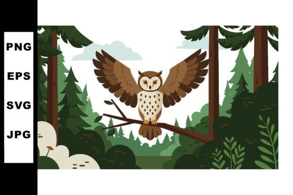 Owl Spreading Wings on Branch in Green F: A Calm and Versatile Nature Illustration