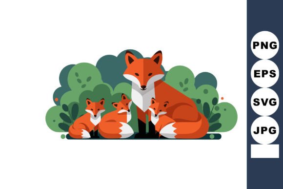 Red Fox Family with Three Cubs Resting: A Serene Wildlife Illustration