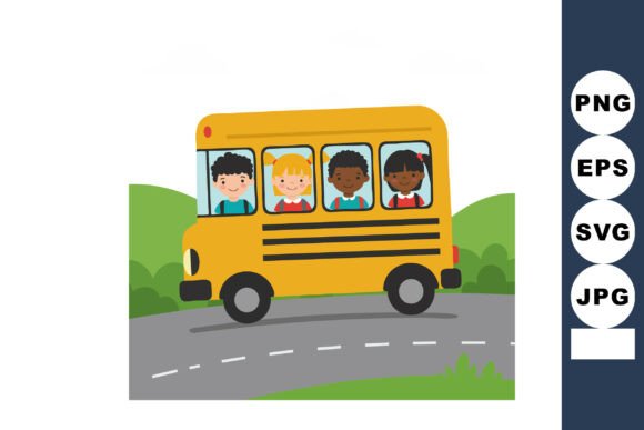 School Bus with Diverse Children Smiling: A Vibrant Illustration for Inclusive Visual Storytelling