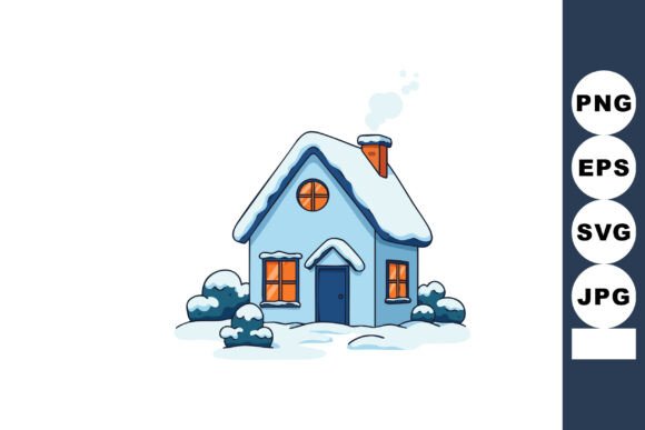 Snow Covered Small Blue House with Chimney