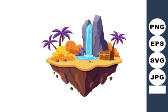 Tropical Island with Waterfall Palm Tree