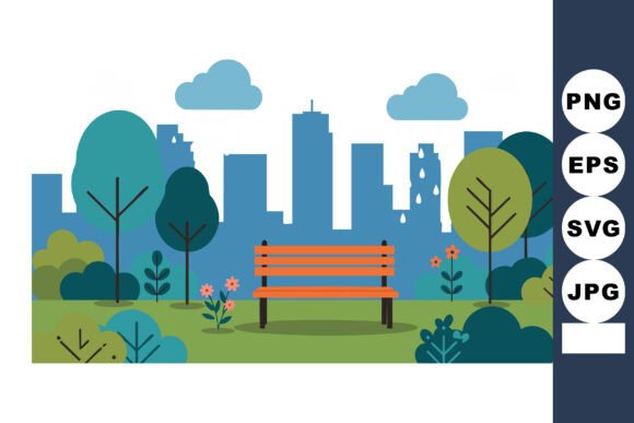 Urban Park Bench with Trees and City Sky: A Modern Visual for Mindful Moments